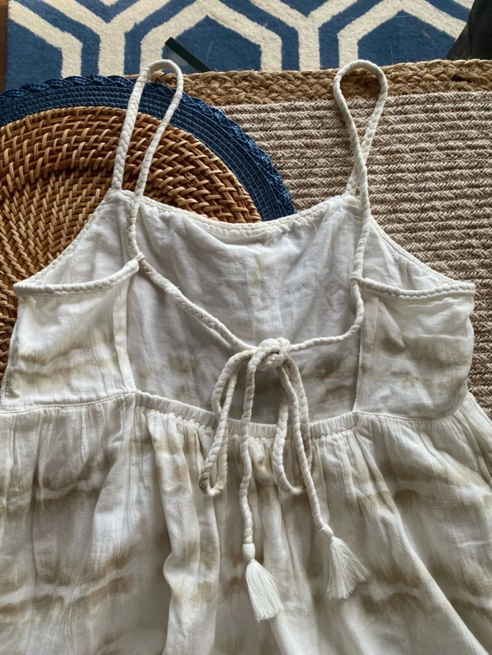 AERIE Off-White Cotton Maxi Dress with Beige Tie-Dye, Rope & Tassel Detail! 🐚 - Picture 13 of 17